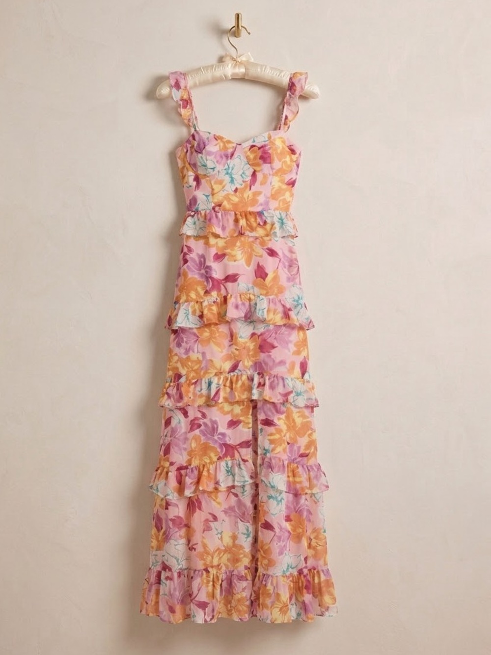 WAYF Pink Floral Ruffled Maxi Dress